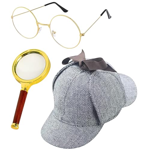 Shenrongtong Detektiv Kostümzubehör Set | Detektiv Cosplay Zubehör,Cosplay Kostüm Accessoires, Hut Brille Lupe für Damen Herren Mädchen Halloween Party Bühnenauftritt von Shenrongtong