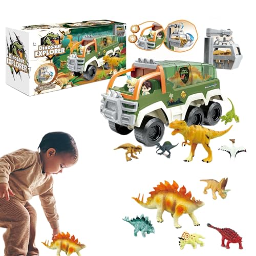 Shenrongtong Dinosaurierautos,Dinosaurierauto, Sound- und Licht-Truck-Spielzeug, Dinosaurier-LKW-Dinosaurier-Autos-Set, Geburtstagsspielzeug für Jungen, Transportwagen mit Dino-Figuren von Shenrongtong