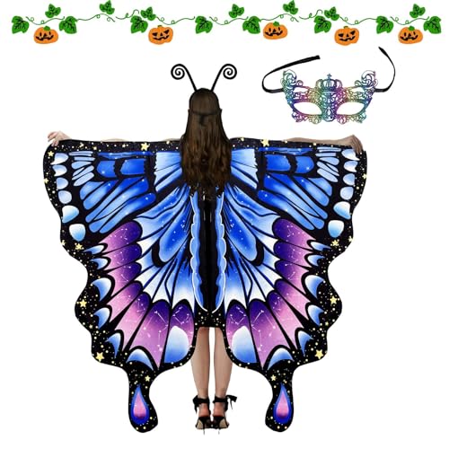 Shenrongtong Halloween-Schmetterlingskostüm,Schmetterlingsflügel-Umhang für Damen, Feenflügel-Halloween-Kostüme-Schal, Bunte Schmetterlingsflügel mit Maske und Antennenstirnband für Frauen und von Shenrongtong
