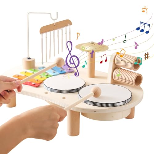 Shenrongtong Schlagzeug-Kinderspielzeug, Holz-Schlagzeug für Kinder - 7-in-1-Montessori-Lernspielzeug mit Windspiel - Musikalisches Tischspielset aus Holz mit Windspiel für Kinder ab 2 Jahren von Shenrongtong