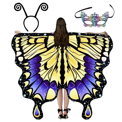 Shenrongtong Schmetterlingsflügel-Kostüm,Halloween-Schmetterlingskostüm,Feenflügel-Halloween-Kostüme-Schal | Bunte Schmetterlingsflügel mit Maske und Antennenstirnband für Frauen und Erwachsene von Shenrongtong