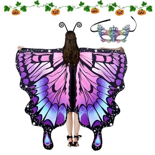 Shenrongtong Schmetterlingsflügel-Kostüm für Damen,Schmetterlingsflügel-Kostüm - Feenflügel-Halloween-Kostüme-Schal,Bunte Schmetterlingsflügel mit Maske und Antennenstirnband für Frauen und Erwachsene von Shenrongtong