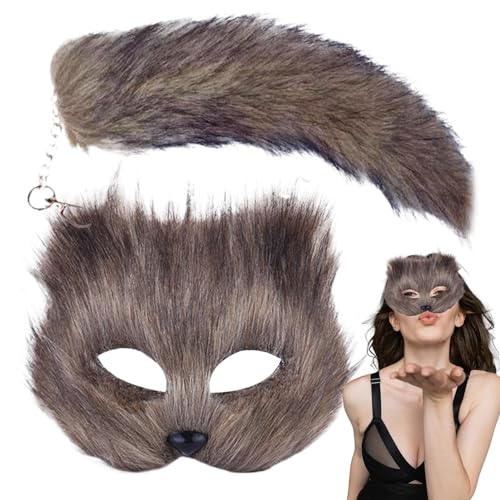 Shenrongtong Therian Ma-sk Und Schwanz Set, Therian Cosplay Zubehör, Half Face Masquerade Cosplay Kostüm, Furry Therian Cosplay Outfit Für Frauen Grils von Shenrongtong