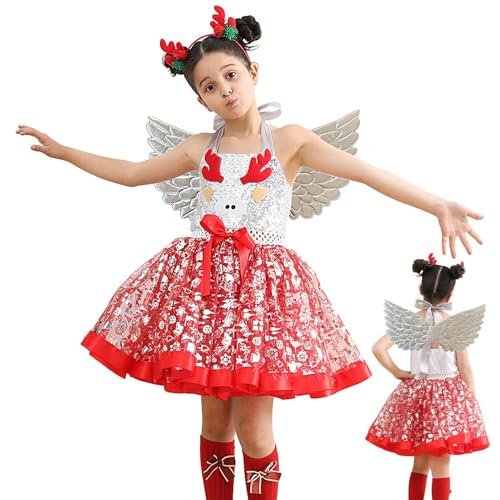 Weihnachtskleid für kleine Mädchen, bedrucktes Karnevalskostüme für Kinder, 3-teiliges Set mit Kopfschmuck und Flügeln, hautfreundliches Cartoon-Elch-Tüllkleid für Karneval von Shenrongtong