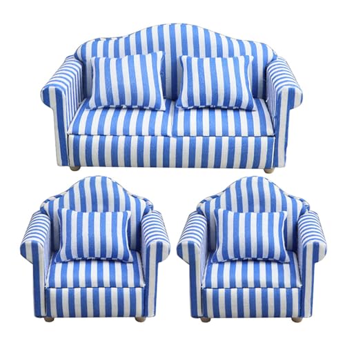 Shichangda Miniatur-Puppenhaus-Couch-Sofa, Puppenhaus-Couch mit Kissen, Mini-Puppenhaus-Möbel-Couch- und Stuhl-Set im Maßstab 1:12, Hochsimuliertes Miniatursofa aus Holzstoff, rote und weiße Streifen, von Shichangda
