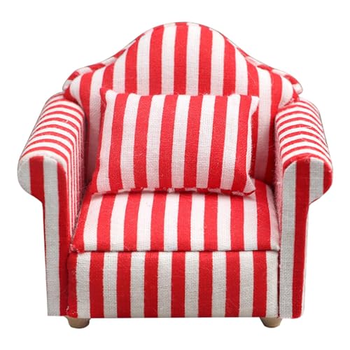 Shichangda Miniatur-Puppenhaus-Couch-Sofa, Puppenhaus-Couch mit Kissen - Miniatur-Sofa-Sessel-Spielzeug im Maßstab 1:12 - Rot-weiß gestreiftes Holzgewebe, hochsimuliertes Miniatursofa, von Shichangda