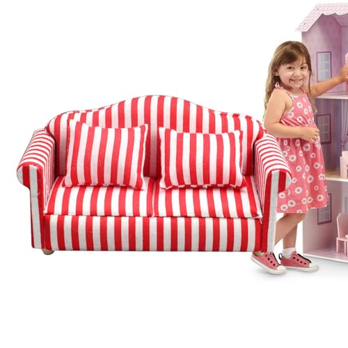 Shichangda Puppenhaus-Sofa-Sessel, Miniatur-Puppenhaus-Couch-Sofa | Miniatur-Möbelspielzeug im Maßstab 1:12 | Rot-weiß gestreiftes Holzgewebe, hochsimuliertes Miniatursofa, Kinderspielzeug, Geschenk von Shichangda