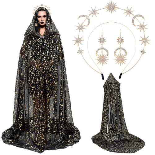 Shihanee 3-teiliges schwarzes himmlisches Hexenkostüm-Set, Halloween, Hochzeit, Tüllumhang mit Kapuze mit Stern-Mond-Stirnband und Ohrringen, Umhang, Gothic-Kostüm für Cosplay Shihanee 3-teiliges schwarzes himmlisches Hexenkostüm-Set, Halloween, Hochzeit, Tüllumhang mit Kapuze mit Stern-Mond-Stirnband und Ohrringen, Umhang, Gothic-Kostüm für Cosplay von Shihanee
