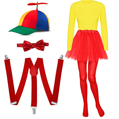 Shihanee 6 Stück Regenbogen Top Clown Hüte Fliege Y-Rücken Stil Hosenträger Tutus Rock Fuß Strumpfhosen Passform T-Shirt für Damen (Größe XL) von Shihanee