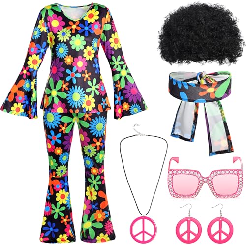 Shihanee 7 Stück Damen 70er Jahre Hippie Kostüm Zubehör Disco Outfits Ohrring Halskette Stirnband Perücke Brille, Schwarz, M Shihanee 7 Stück Damen 70er Jahre Hippie Kostüm Zubehör Disco Outfits Ohrring Halskette Stirnband Perücke Brille, Schwarz, M von Shihanee