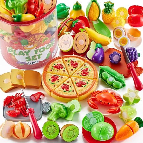 Shimirth 67 Stück Schneiden Spielen Lebensmittel Spielzeug Set - Obst, Gemüse und Pizza Rollenspiel Kinderküche Zubehör für realistische Kochen für Kinder ab 3 Jahren von Shimirth