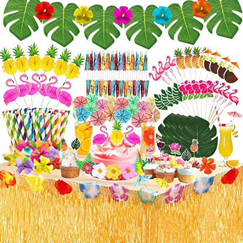 Shinelee 185 Stück Hawaii Tropische Party Dekorationen Hawaii Luau Tischröcke Hawaiian Hibiscus Gras Tisch Rock für BBQ tropischen Garten Strand Sommer Tiki Party Dekoration von Shinelee