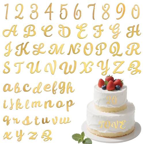 64Pcs Buchstaben Tortendeko, Buchstaben für Torte, Acryl Ziffern 0-9 Tortenaufleger Personalisiert, A-Z Torten Deko Buchstaben Tortenaufsatz Set für Hochzeit Jubiläum Party Feier (Gold) von ShinherYee