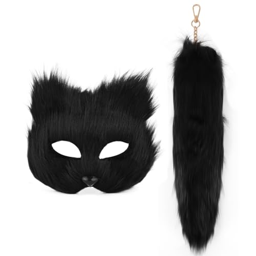 ShinherYee Therian Tail Mask Set, Katzenmaske Schwanz, Furry Mask Kunstpelzfuchsmaske mit 15,7 Zoll Fuchs Schwanzschlüsselbund, Halbgesichts Maskerade Maske für Cosplay ausgefallene Party ShinherYee Therian Tail Mask Set, Katzenmaske Schwanz, Furry Mask Kunstpelzfuchsmaske mit 15,7 Zoll Fuchs Schwanzschlüsselbund, Halbgesichts Maskerade Maske für Cosplay ausgefallene Party von ShinherYee