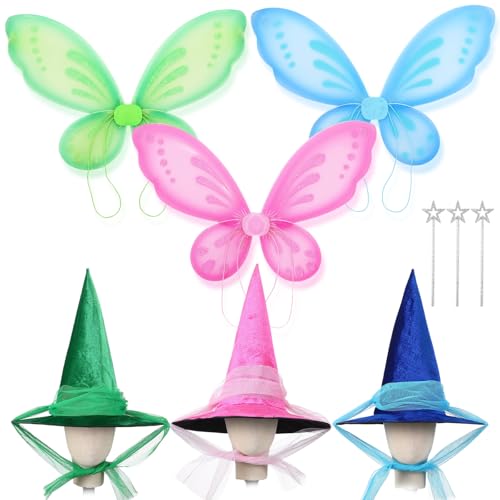 ShinyMatch 3-teiliges Feenprinzessin-Kostüm-Set mit Hut, Schmetterlingsflügeln und Sternstab für Frauen, Halloween, Prinzessin, Cosplay, Fee, Verkleidung, Geburtstagsparty von ShinyMatch