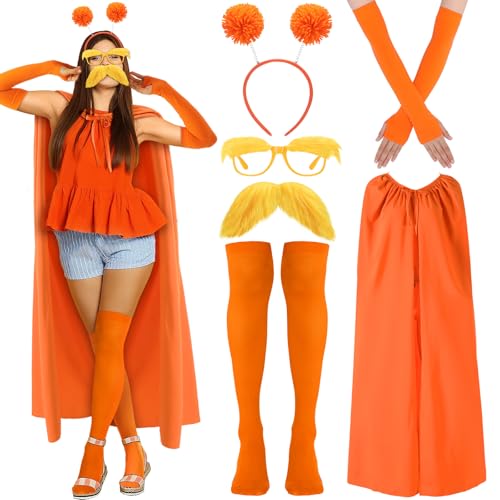 ShinyMatch 6-teiliges orangefarbenes Kostüm-Set für Halloween, Party, Cosplay, Verkleidungszubehör-Set enthält gelbe Schnurrbart, Brille, Augenbrauen, orangefarbener Geist, Umhang, Strümpfe von ShinyMatch
