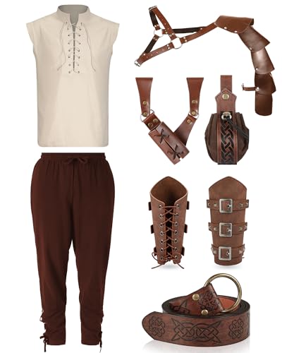 ShinyMatch 7-teiliges Renaissance-Kostüm-Set für Herren, Hemd, Hose, Gürtel, Schulterschutz, Tasche, Armschiene, Schwert, Tasche für Halloween, Beige / Braun, L ShinyMatch 7-teiliges Renaissance-Kostüm-Set für Herren, Hemd, Hose, Gürtel, Schulterschutz, Tasche, Armschiene, Schwert, Tasche für Halloween, Beige / Braun, L von ShinyMatch