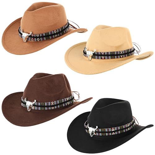 ShinyMatch Cowboyhut, Cowgirl-Hüte, breite Krempe, klassischer Westernhut für Erwachsene, Herren, Damen, Kostüm, Kopfbedeckung, 4 Farben, 4 Stück, Klassische Farben, Medium von ShinyMatch