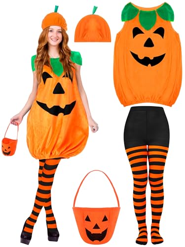 ShinyMatch Halloween-Kostüm für Erwachsene, Kürbis-Kostüm-Set, ärmellos, Samt, mit Süßigkeitentasche, lustiger Hut, gestreifte Strumpfhose für Damen, Halloween, Party, Cosplay, Kleidung, mehrfarbig, 4 ShinyMatch Halloween-Kostüm für Erwachsene, Kürbis-Kostüm-Set, ärmellos, Samt, mit Süßigkeitentasche, lustiger Hut, gestreifte Strumpfhose für Damen, Halloween, Party, Cosplay, Kleidung, mehrfarbig, 4 von ShinyMatch