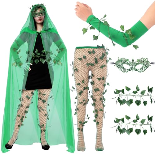 ShinyMatch Halloween-Kostüme für Damen, Umhang, Armwickel, grüne Handschuhe, Netzstrumpfhose, Augenmaske, Reben, Cosplay-Outfits, Zubehör-Set, 7-teilig von ShinyMatch
