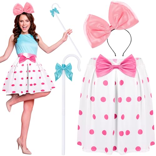 ShinyMatch Schäferin-Kostüm-Set für Damen, Schäferin-Kostüm, rosa gepunktet, Rock, Schleife, Stange, Stirnband, Anzug, Halloween, Cosplay, Outfit für Damen, 4-teilig von ShinyMatch