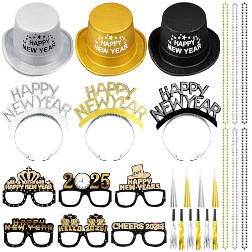 ShinyMatch Silvester-Partyzubehör 2025, 3 schwarze, silberfarbene und goldene Zylinderhüte, 6 Diademe für das neue Jahr, 6 Gläser, 6 Perlenketten, 12 Geräuschmacher, 6 Hörner für Erwachsene von ShinyMatch
