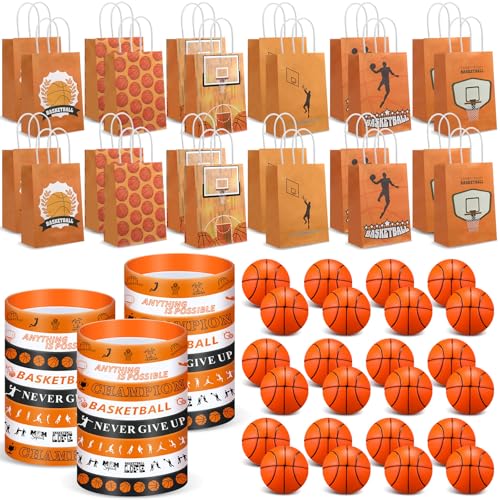 ShinyRelief 72-teiliges Basketball-Partygeschenk-Set mit 24 Papier-Geschenktüten, 24 Silikon-Armbändern, 24 Stressbällen, Sportthemen-Geburtstagsparty-Gastgeschenken von ShinyRelief