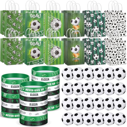 ShinyRelief 72-teiliges Fußball-Partygeschenk-Set enthält 24 Fußball-Papiertüten, 24 Fußball-Silikonarmbänder, 24 Fußball-Stressbälle, Fußball-Geschenktütenfüller, Geburtstagsparty-Zubehör von ShinyRelief