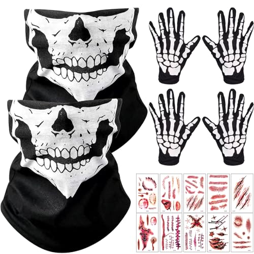 Shinybox 2 Skelett Maske + 2 Skelett Handschuhe, Tattoo-Aufkleber, Totenkopf Maske Schwarz, Karneval Fasching Mottoparty Dekoration Accessoire für Halloween, Karneval, Party Kostüm von Shinybox