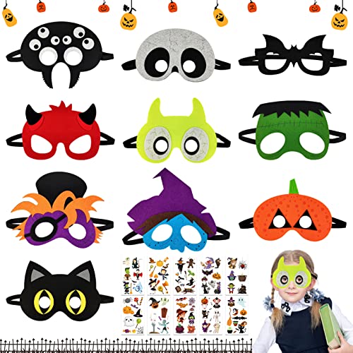 Shinybox 20 Stücke Halloween Maske Set, 10 Stücke Halloween Maske Kinder und 10 Stücke Halloween Tattoo Sticker, Fühlte Maske Halloween, Halloween Cosplay Masken für Kinder von Shinybox