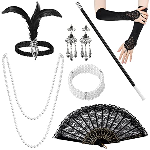 Shinybox 20s Kostüm Damen, 7 Stück 1920s Kostüm Damen Flapper Accessoires Set, 20er Jahre Kleid Set, Stirnband Handschuhen Halskette Armband Ohrringen Spitze Faltfächer für Halloween, Karneval von Shinybox