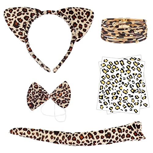 Shinybox 6-teilig Leoparden Kostüm Set, Ohren Schwanz Haarreif Stirnband Armband mit Leopardenmuster Tattoo, Party Halloween Karneval Kostüm Tierkostüm Kit für Kostüm Party Dekoration Zubehör(B) von Shinybox