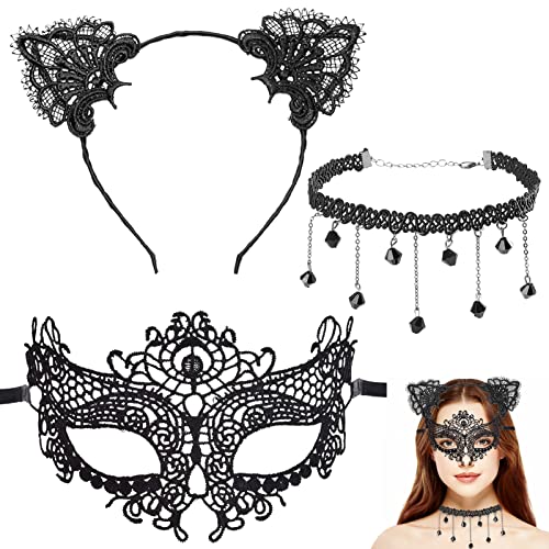 Shinybox Damen Spitze Augenmaske Kit, 3 Stück Haarreifen mit Ohren, Spitzenmaske Set und Spitzenhalskette Kit, Maskenspie Kopfband Kostüm Accessories für Halloween Fasching Karneval von Shinybox