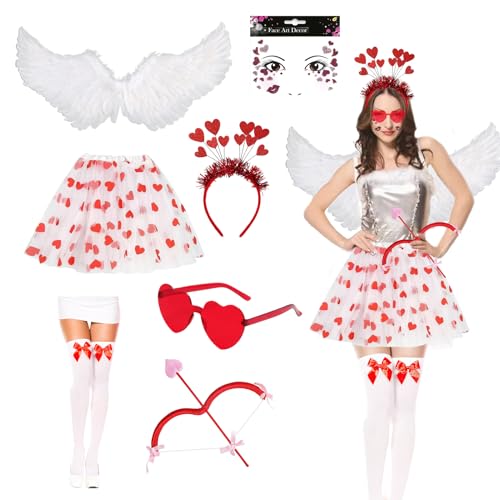 Shinybox Déguisement de Cupidon Femme, 7 Pièces Tutu, Ensemble de Flèche et D'arc Cupidon, Ailes d'ange, Bandeaux en Forme de Cœur, Bas avec Nœud, Autocollants et Lunettes pour Valentin Carnaval Shinybox Déguisement de Cupidon Femme, 7 Pièces Tutu, Ensemble de Flèche et D'arc Cupidon, Ailes d'ange, Bandeaux en Forme de Cœur, Bas avec Nœud, Autocollants et Lunettes pour Valentin Carnaval von Shinybox