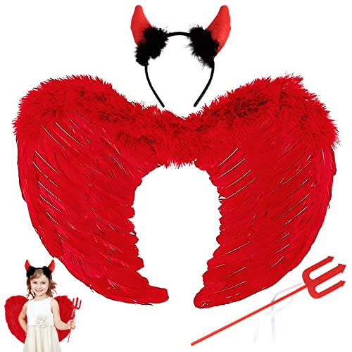 Shinybox Engels Flügel Kostüm, 45cm Hook Schwarze Flügel mit Teufelshörner und Heugabel Teufel, Engelsflügel Deko, Party Fasching Kostüme, Kostümparty Verkleidung, Cosplay Party Kostüme Deko(Rot 45cm) von Shinybox
