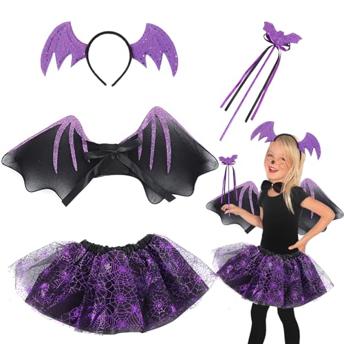 Shinybox Fledermaus Kostüm Kinder, 4 Stück Fledermaus Rock Kostüm Set mit Flügel, Tutu, Haarreif und Maske, Kinder Fledermaus Kostüm für Halloween, Karneval, Vampir Cosplay Party(Fledermaus Lila B) von Shinybox