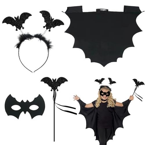 Shinybox Fledermaus Kostüm Kinder, 4 Stück Halloween Kinder Kostüm Vampir Fledermaus Set mit Fledermaus Haarreif, Fledermaus Feenstab und Fledermaus Maske für Halloween Cosplay Party, Schwarz D von Shinybox