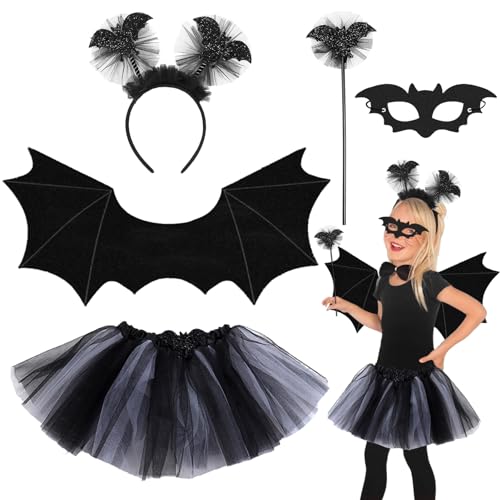 Shinybox Fledermaus Kostüm Kinder, 5 Stück Fledermaus Rock Kostüm Set mit Flügel, Tutu, Haarreif, Stab und Maske, Kinder Fledermaus Kostüm für Halloween, Karneval, Vampir Cosplay Party(Schwarz B) von Shinybox