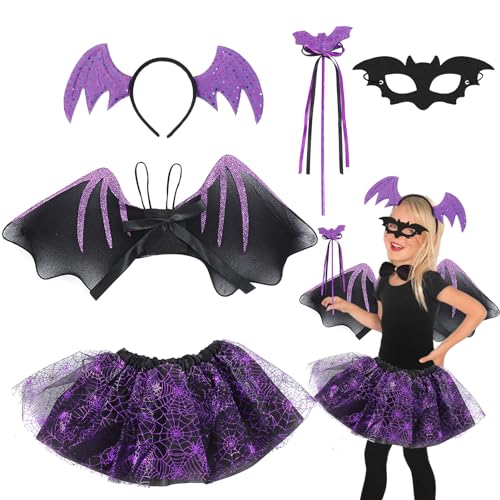 Shinybox Fledermaus Kostüm Kinder, 5 Stück Fledermaus Rock Kostüm Set mit Flügel, Tutu, Haarreif, Stab und Maske, Kinder Fledermaus Kostüm für Halloween, Karneval, Vampir Cosplay Party von Shinybox