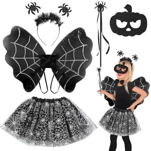 Shinybox Fledermaus Kostüm Set, 5 Stück Spinnen Rock Kostüm Set mit Flügel, Tutu, Haarreif, Stab und Maske, Kinder Spinnen Kostüm für Halloween Karneval, Vampir Cosplay Party(Spinne Schwarz) von Shinybox