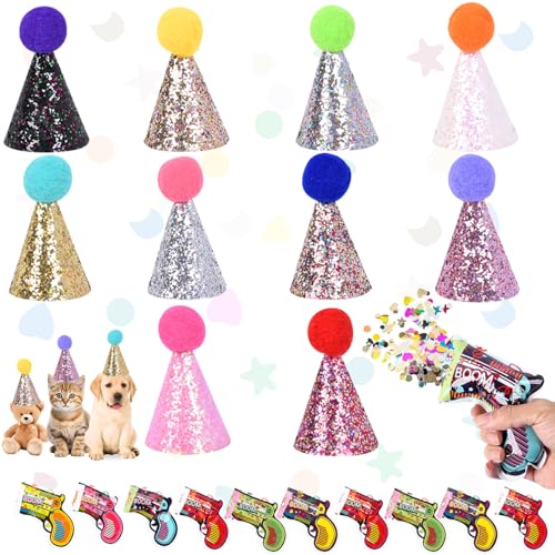 Shinybox Geburtstagshut für Hunde, 10 Stück Mini Partyhüte und 10 Stück Konfettikanone, Welpen und Katzenhut mit Verstellbare Geburtstagshut für Kleine Tiere, Kinder und Stofftiere von Shinybox
