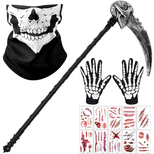 Shinybox Grim Reaper Halloween Sichel, Skelett Maske, Skelett Handschuhe, Tattoo-Aufkleber, Sensenmann Halloween Kostüm Gruselige Halloween Kostüme für Halloween Dekoration, Cosplay, Karneval von Shinybox