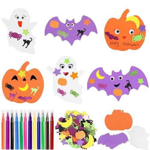 Shinybox Halloween Basteln Kinder, 24 Stück Halloween Kürbis Schaum Aufkleber, Halloween Kürbis Bastelset für Kinder mit 12 Aquarellstift, Kürbis Bastelset für Thanksgiving Halloween Party Deko von Shinybox