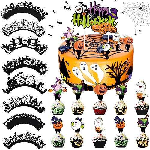 Shinybox Halloween Cupcake Dekorationen, 40 Stück Halloween Cupcake Wrappers, 1 Große Kuchendekoration und 24 Halloween Cupcake Dekorationen, Halloween Themed Party Spinne Ghost Kürbis Decor(B) von Shinybox