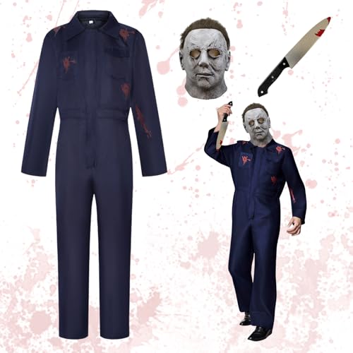 Shinybox Halloween Horror Costüm, Halloween Kostüm Gruselig Horror Killer Cosplay Kostüm mit Gruselmaske und Blutig Plastik Spielzeugmesser für Karneval Cosplay(XXL) von Shinybox