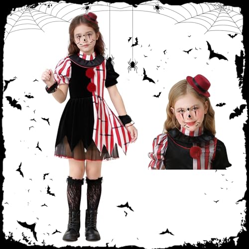 Shinybox Halloween Kostüm Mädchen Clown, Horror Clown Outfits mit Halloween-Gesichtsaufkleber, Rot Weiß Gestreift Böser Kostüm, Gruseliges Narrenkostüm für Karneval Party Cosplay(XL) von Shinybox