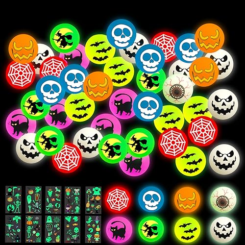 Shinybox Halloween Luminous Flummi, 48 Stück Glow in The Dark Speelgoed Bouncy Balls voor Kinder mit Leuchtende Tattoo Aufkleber, Gummiball Springball Hüpfball für Halloween Party Mitgebel Spielzeug von Shinybox