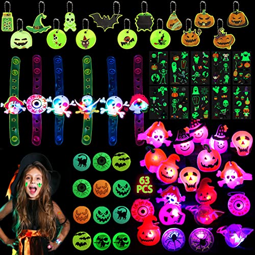 Shinybox Halloween Party Favors für Kinder, 63 Stücke LED Leuchtspielzeug Partyartikel, Halloween Kinderspielzeug Armbänder Tattoos Broschen, Halloween Karneval Party Kindergeburtstag von Shinybox