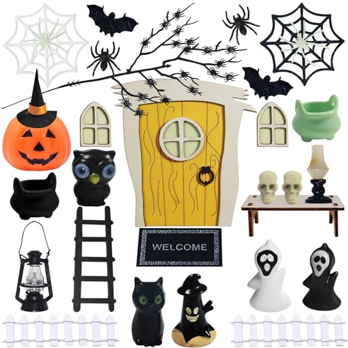 Shinybox Halloween Puppenhaus Dekoration, 29 Stück Halloween Miniatur Wichtel Set, Skelette Spinnen Fledermäuse Elfentor, Horror Ornament Spielzeug, Halloween Party Dekoration(29 Stück) von Shinybox