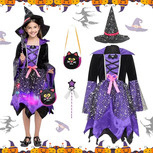 Shinybox Halloween Zauberer Kostüm, LED Hexenkleid Kinder, Mädchen Hexenkostüm mit Licht, Hexenhut, Zauberstab, Süßigkeitentüte, Halloween Leuchtendes Hexenkleid für Karneval Cosplay Party(XL) von Shinybox
